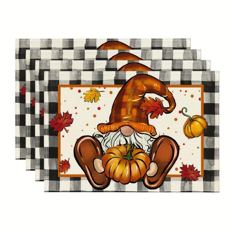 4pcs Hello Pumpkin Gnome Fall Placemats Thanksgiving Theme Square Mats