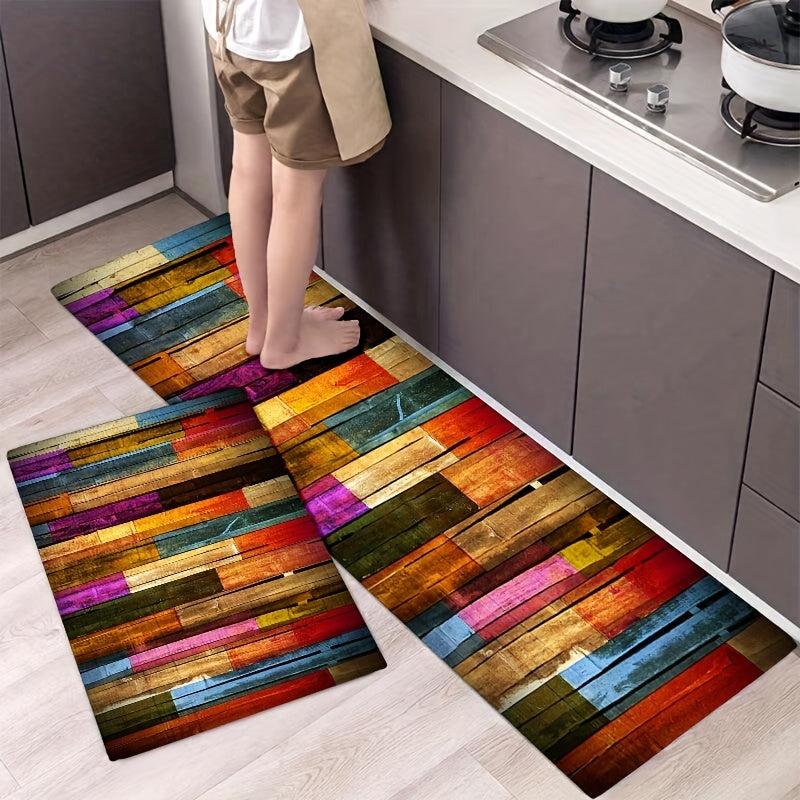Colorful Wooden Board Kitchen Rug Absorbent Non Slip Stain Resistant Waterproof