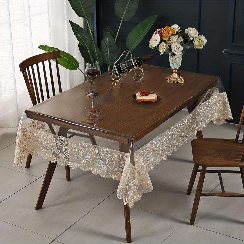 Vinyl PVC Rectangle Tablecloth Clear Table Cover With Lace Macrame Border