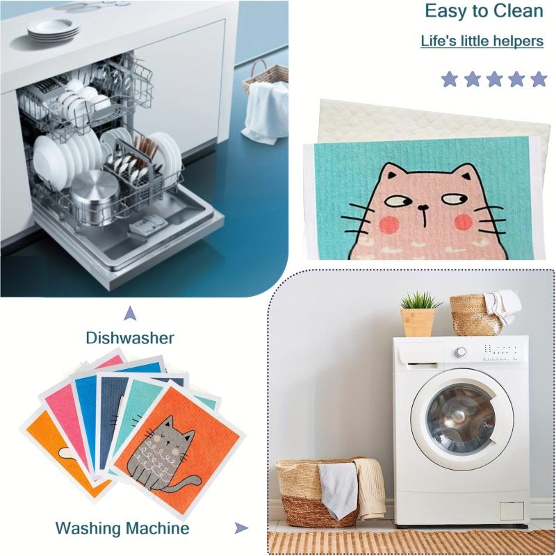 6pcs Swedish Kitchen Dish Towels Cat Pattern Cleaning Rag Kitchen Cloths