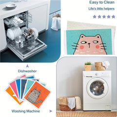 6pcs Swedish Kitchen Dish Towels Cat Pattern Cleaning Rag Kitchen Cloths