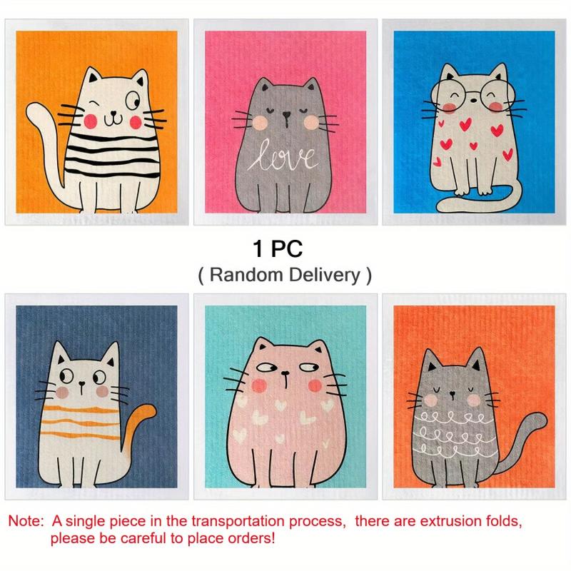 6pcs Swedish Kitchen Dish Towels Cat Pattern Cleaning Rag Kitchen Cloths