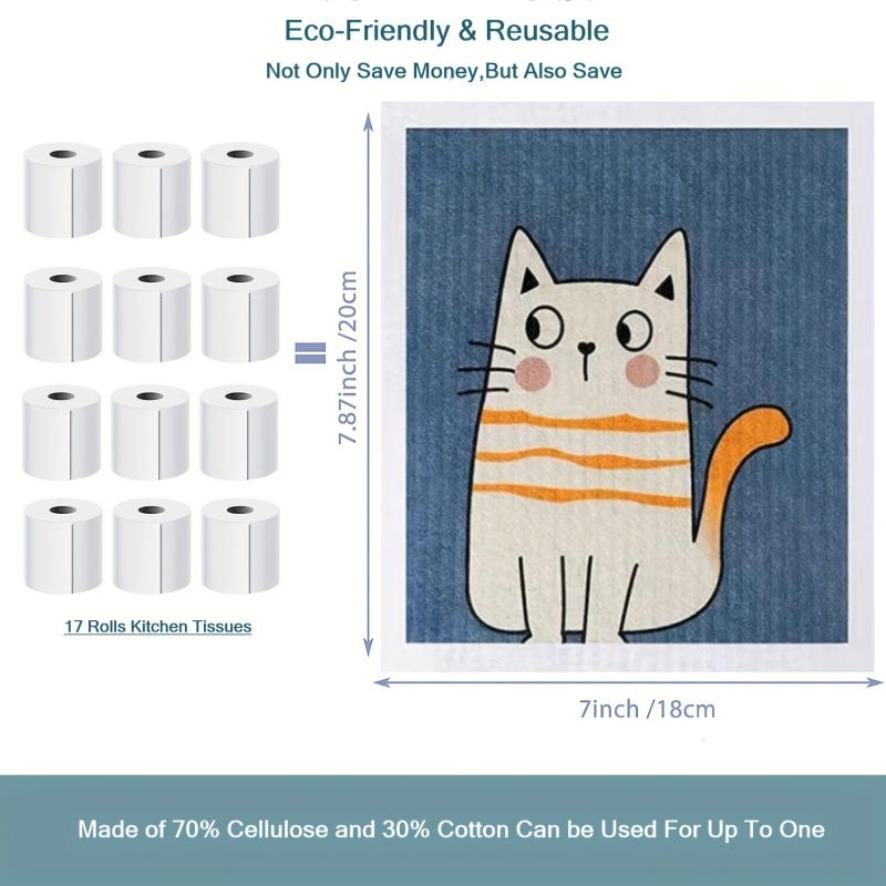 6pcs Swedish Kitchen Dish Towels Cat Pattern Cleaning Rag Kitchen Cloths