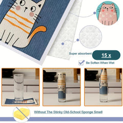 6pcs Swedish Kitchen Dish Towels Cat Pattern Cleaning Rag Kitchen Cloths