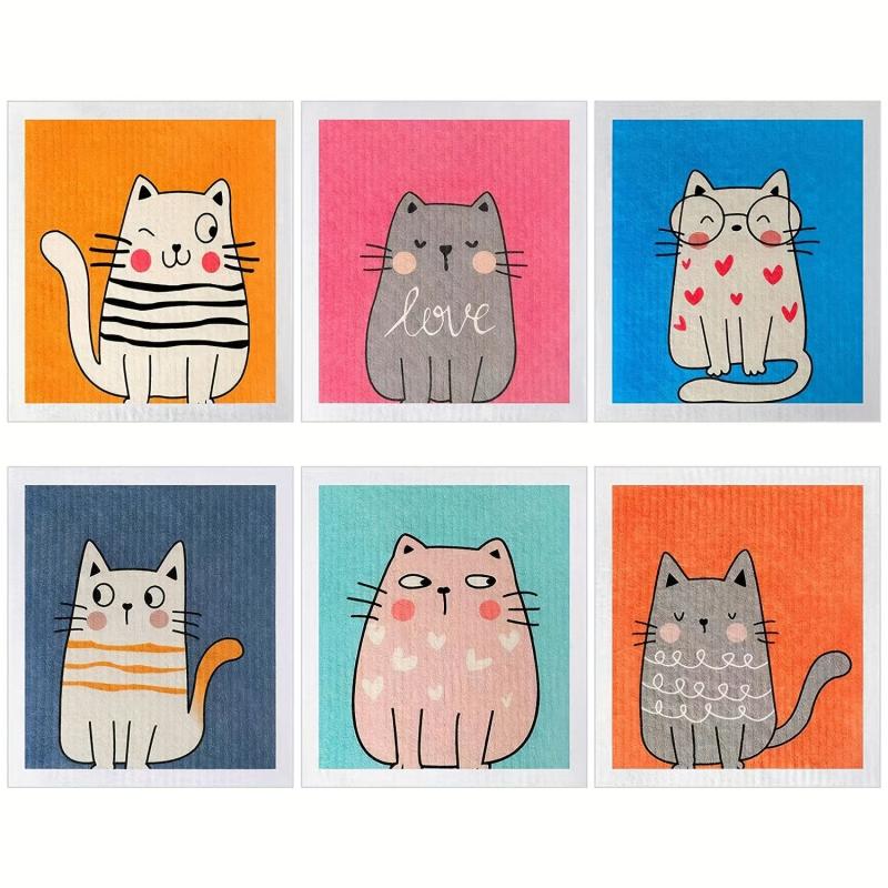 6pcs Swedish Kitchen Dish Towels Cat Pattern Cleaning Rag Kitchen Cloths