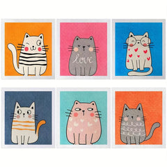 6pcs Swedish Kitchen Dish Towels Cat Pattern Cleaning Rag Kitchen Cloths
