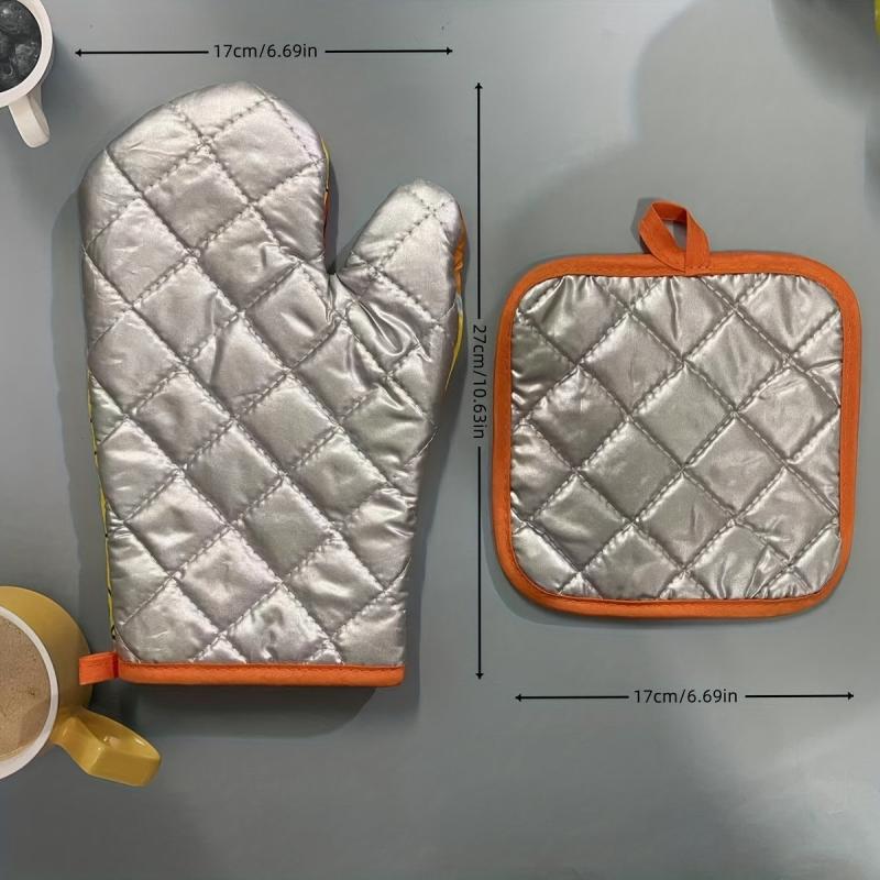 2pcs Kitchen Pot Rack Mat Stove Oven Glove Set Bread Pattern Heat Resistant Hot
