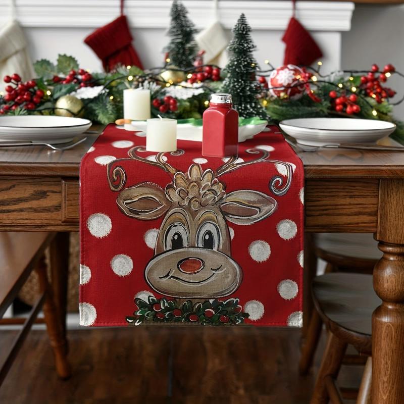 Christmas Reindeer Table Runner Red Polka Dot Xmas Decor
