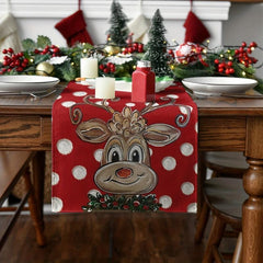 Christmas Reindeer Table Runner Red Polka Dot Xmas Decor