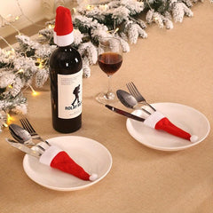 5pcs Furry Christmas Mini Hat & Fork Set for Kitchen Dining Decoration