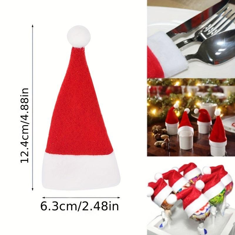 5pcs Furry Christmas Mini Hat & Fork Set for Kitchen Dining Decoration