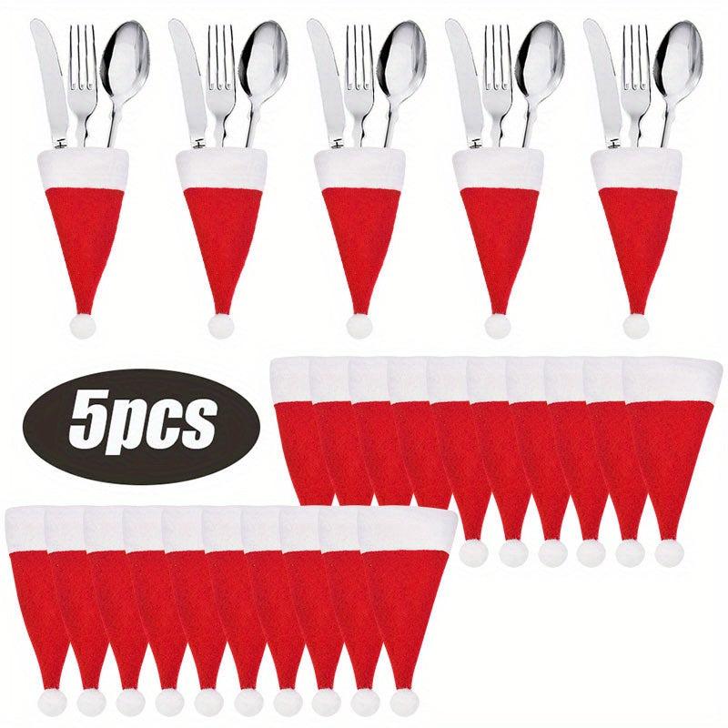 5pcs Furry Christmas Mini Hat & Fork Set for Kitchen Dining Decoration