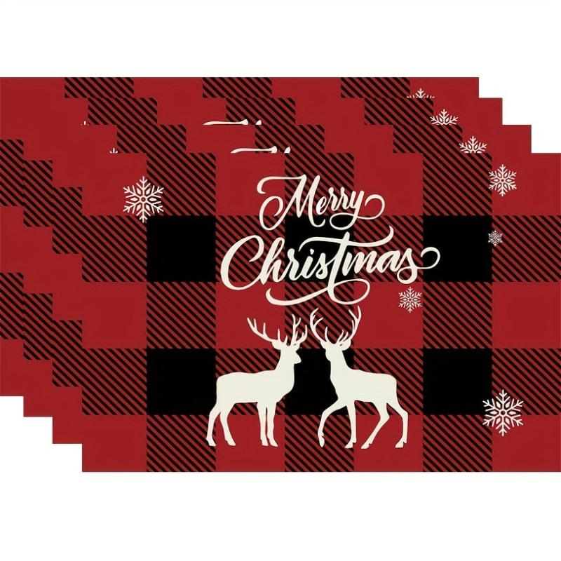 4pcs Christmas Placemats Red Plaid Table Pad Snowflake Santa Deer Pattern