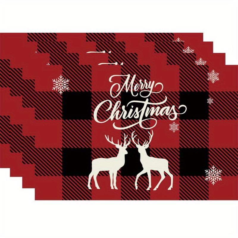 4pcs Christmas Placemats Red Plaid Table Pad Snowflake Santa Deer Pattern