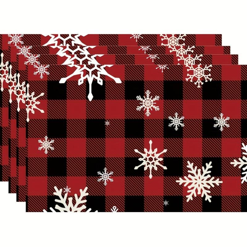 4pcs Christmas Placemats Red Plaid Table Pad Snowflake Santa Deer Pattern