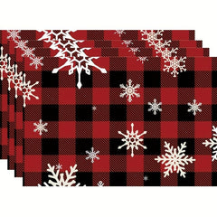4pcs Christmas Placemats Red Plaid Table Pad Snowflake Santa Deer Pattern
