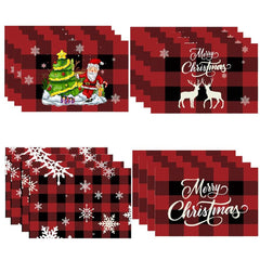 4pcs Christmas Placemats Red Plaid Table Pad Snowflake Santa Deer Pattern