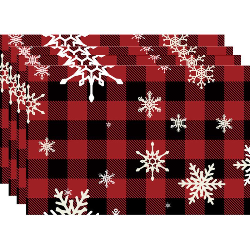 4pcs Christmas Placemats Red Plaid Table Pad Snowflake Santa Deer Pattern