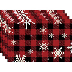 4pcs Christmas Placemats Red Plaid Table Pad Snowflake Santa Deer Pattern