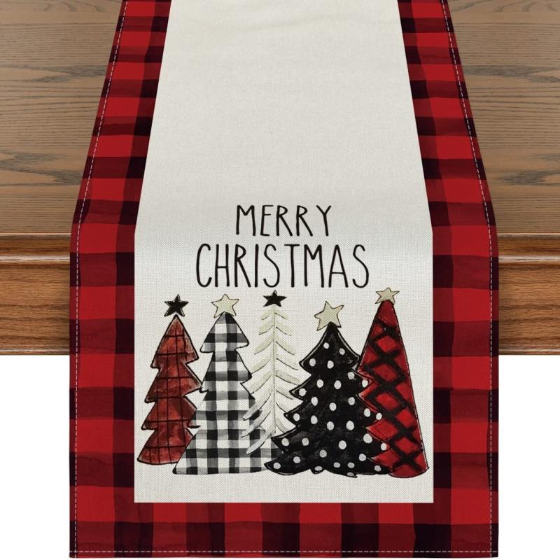Christmas Table Runner Watercolor Plaid Trees Merry Xmas Printed