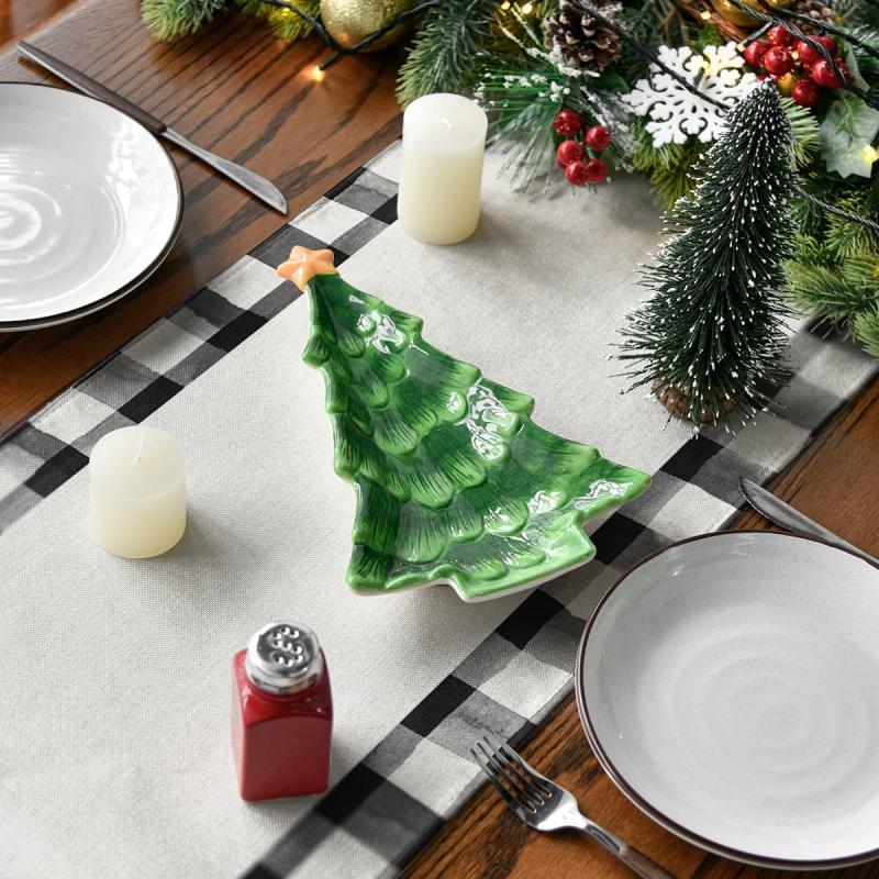 Christmas Table Runner Watercolor Plaid Trees Merry Xmas Printed