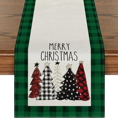 Christmas Table Runner Watercolor Plaid Trees Merry Xmas Printed