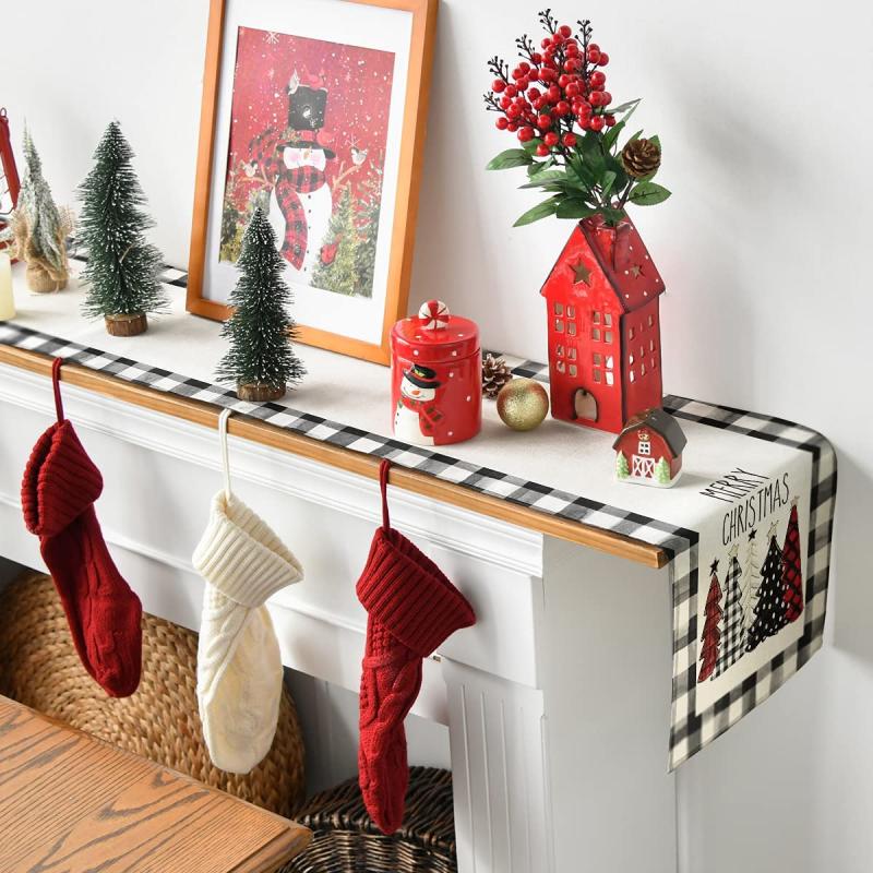 Christmas Table Runner Watercolor Plaid Trees Merry Xmas Printed