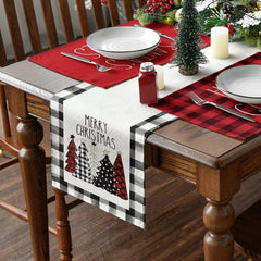 Christmas Table Runner Watercolor Plaid Trees Merry Xmas Printed