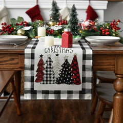Christmas Table Runner Watercolor Plaid Trees Merry Xmas Printed