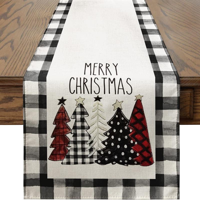 Christmas Table Runner Watercolor Plaid Trees Merry Xmas Printed