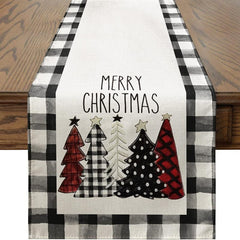 Christmas Table Runner Watercolor Plaid Trees Merry Xmas Printed