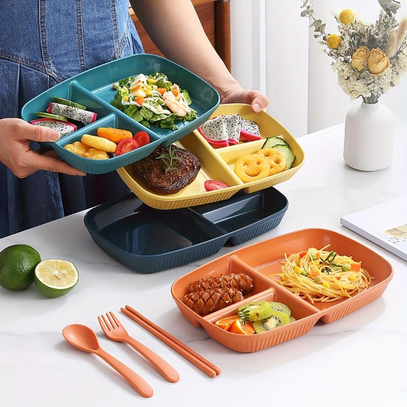 4PCS Unbreakable Three Grid Meal Plate Striped Snack Plate