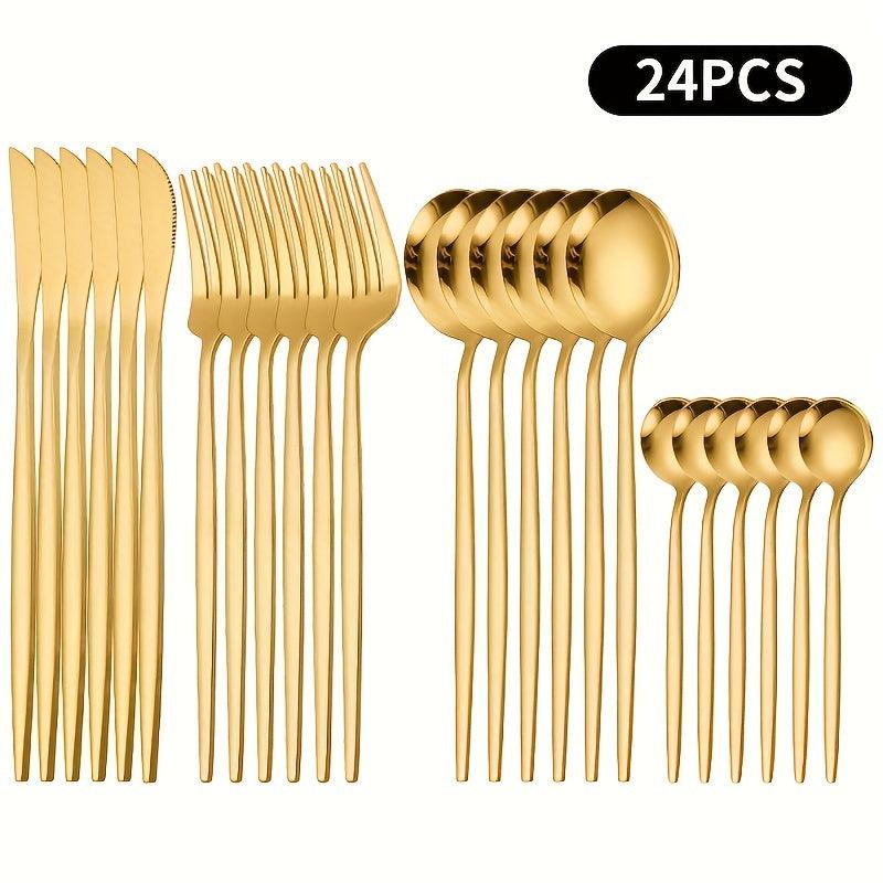 24 pcs Stainless Steel Cutlery Set Golden Mirror Finish Fork Spoon