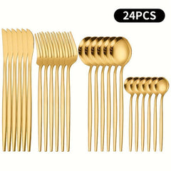 24 pcs Stainless Steel Cutlery Set Golden Mirror Finish Fork Spoon