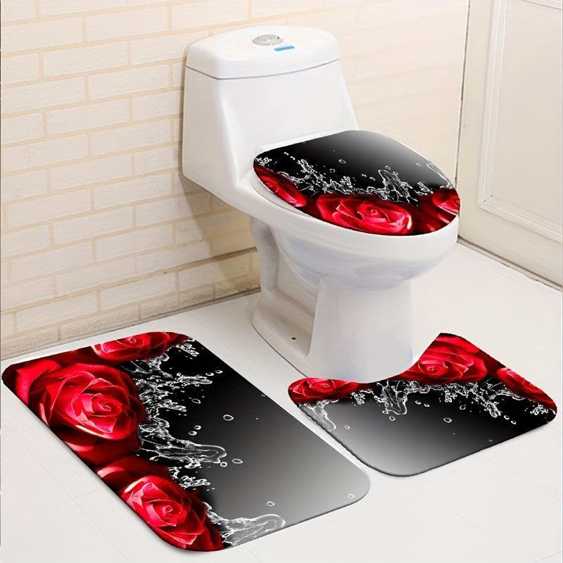 3pcs Rose Pattern Waterproof Shower Curtain & 12 Hooks Bathroom Set