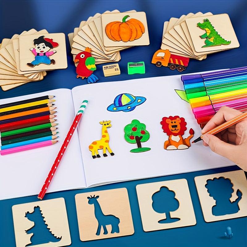 Montessori Wooden DIY Painting Stencils Set