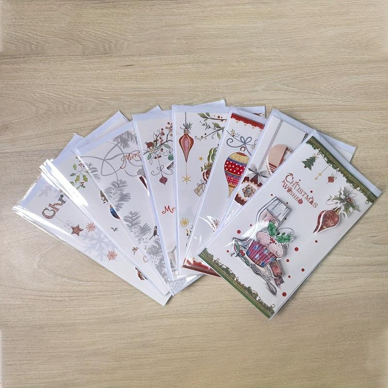 8pcs Merry Christmas Greeting Cards Envelopes Golden Stamping Applique DIY Xmas