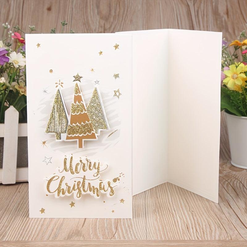 8pcs Merry Christmas Greeting Cards Envelopes Golden Stamping Applique DIY Xmas