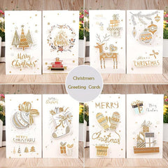 8pcs Merry Christmas Greeting Cards Envelopes Golden Stamping Applique DIY Xmas