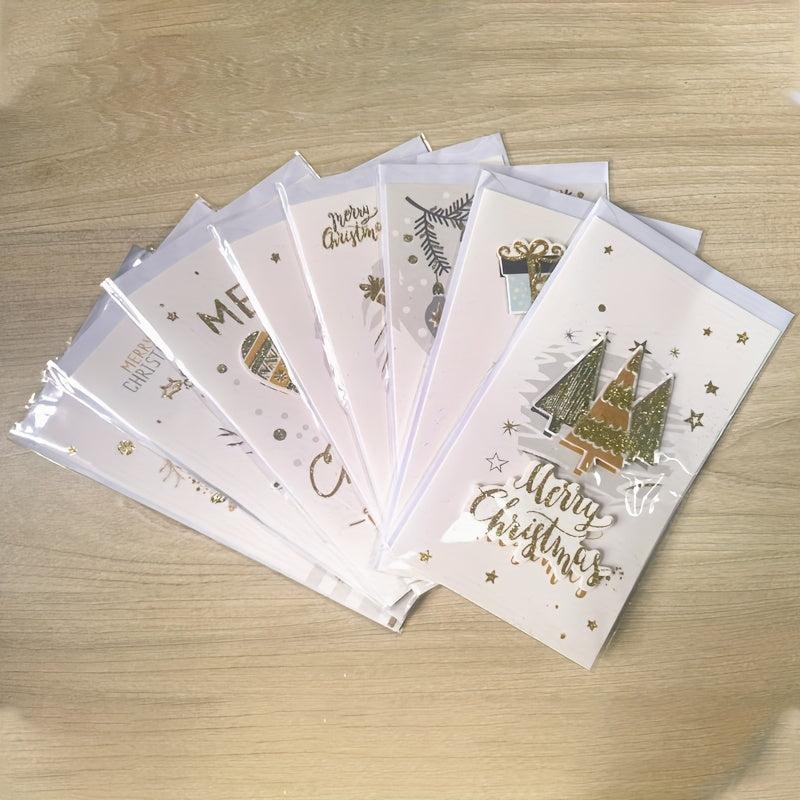 8pcs Merry Christmas Greeting Cards Envelopes Golden Stamping Applique DIY Xmas
