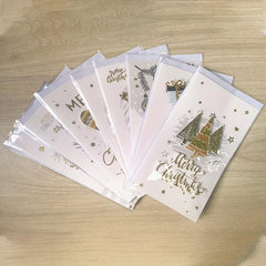 8pcs Merry Christmas Greeting Cards Envelopes Golden Stamping Applique DIY Xmas