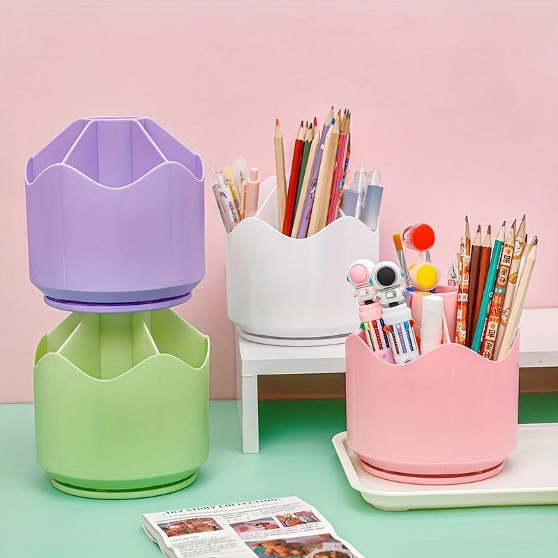 Large Capacity Rotating Pen Holder with Divided Storage Box