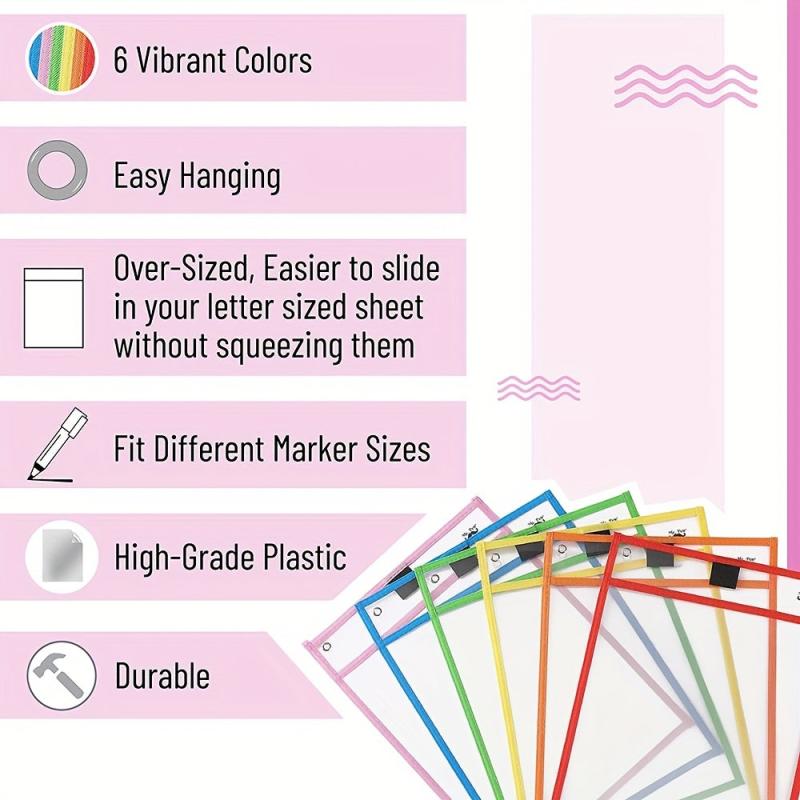 6pcs Oversized Reusable Dry Erase Pocket Sleeves for Teachers & Students