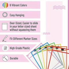 6pcs Oversized Reusable Dry Erase Pocket Sleeves for Teachers & Students