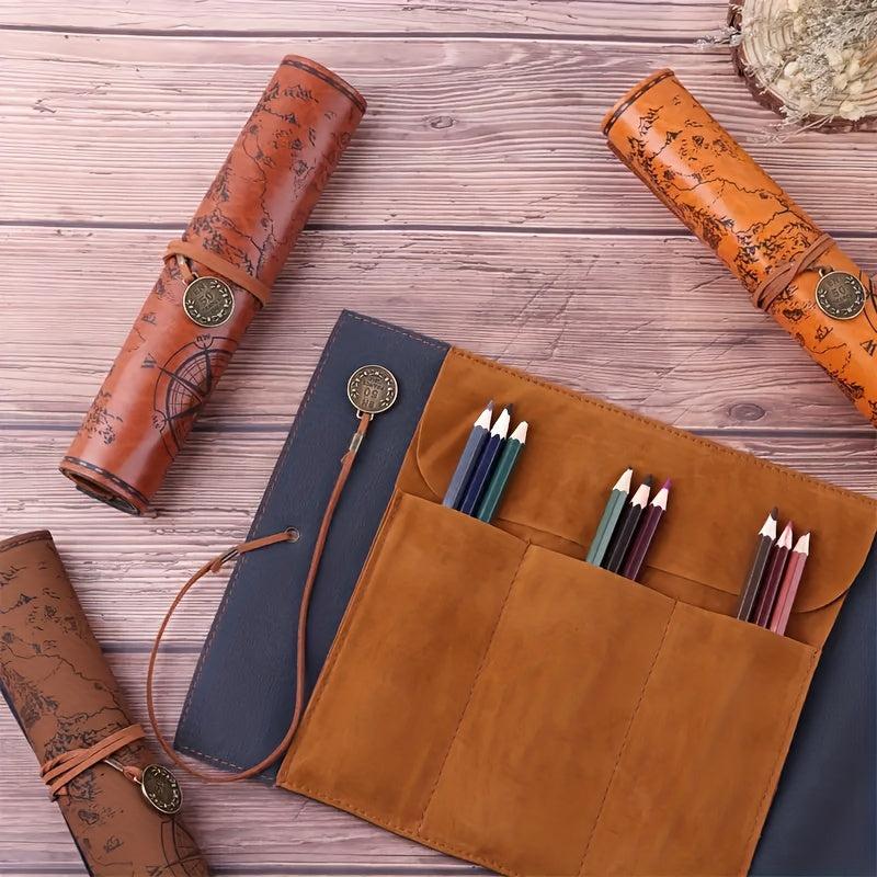 Vintage Treasure Map Roll Pencil Case Leather Large Capacity Stationery Box
