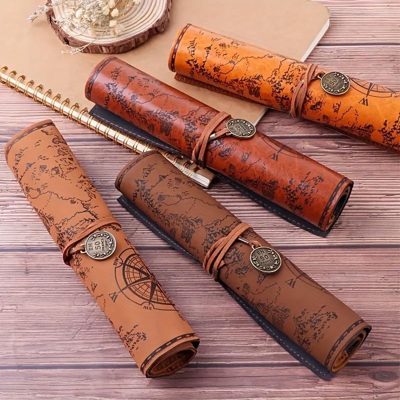 Vintage Treasure Map Roll Pencil Case Leather Large Capacity Stationery Box