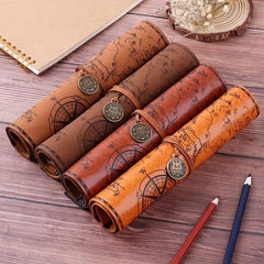Vintage Treasure Map Roll Pencil Case Leather Large Capacity Stationery Box
