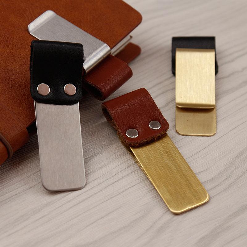 Vintage Metal Leather Pen Holder with Brass Stainless Steel Pencil Clips