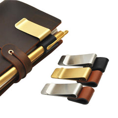Vintage Metal Leather Pen Holder with Brass Stainless Steel Pencil Clips