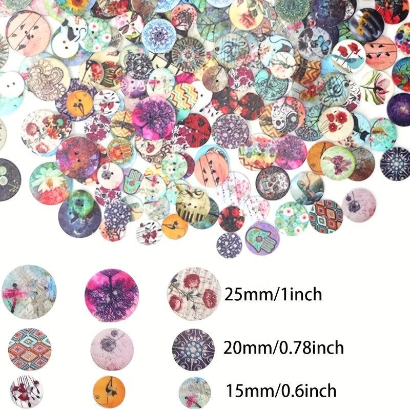 50pcs Wooden Buttons Multiple Styles Round Decorative Painted Wood